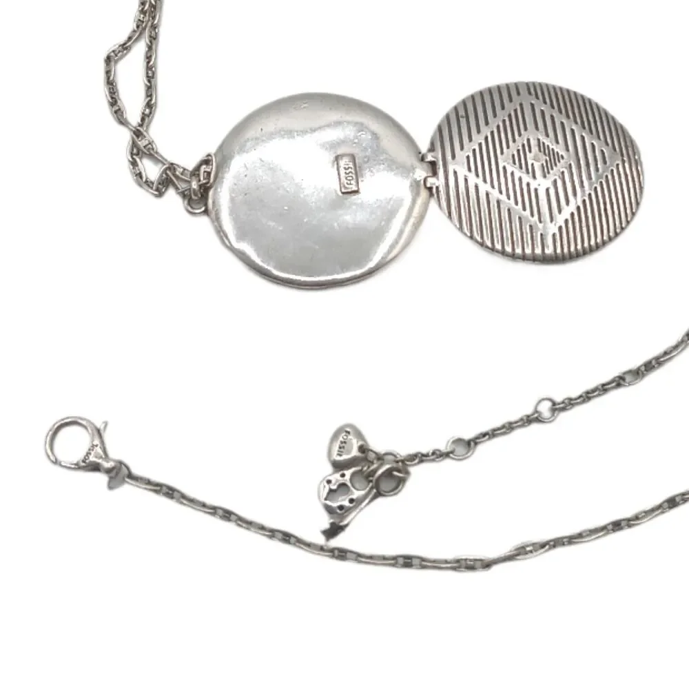 Fossil Locket Pendant Necklace 35” Silver Tone Charms Geometric Boho Chic Aztec